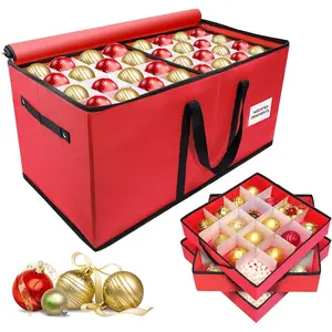 Christmas Ornament Storage Box with 8 Trays, Holds Up to 128 Decoration Balls, Durable 600D Oxford Material Xmas Decoration Organizer (Red)