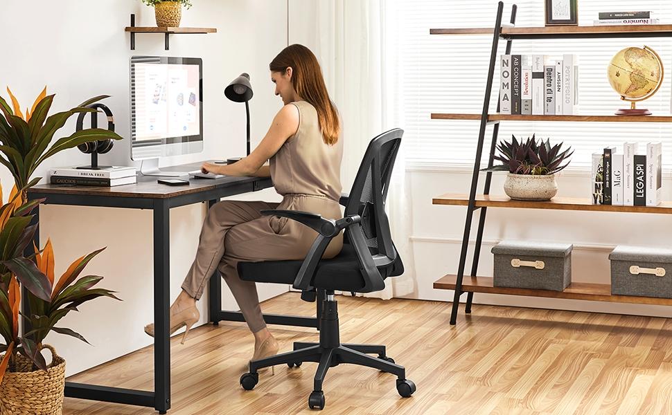 Yaheetech Mesh Office Chair 90° Flip-up Armrests Adjustable Lumbar Support Cushioned Seat Ergonomic Home Chair Black with SGS Features