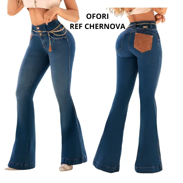 Original Colombian flared jeans with a 3-button fly and pocket, premium quality for women with a push-up effect that enhances the buttocks. Made from stretch fabric with a fitted cut, a sexy ,elegant design that accentuates curves. Beautiful denim jeans