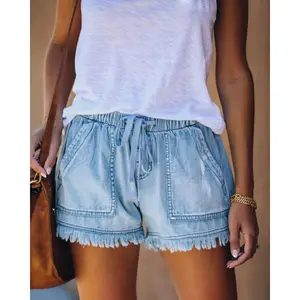 Women's Plain Drawstring Waist Denim Shorts, Casual Fashion Pocket Shorts for Daily Wear, Ladies Summer Bottoms