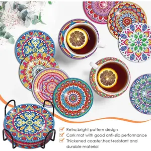 DIY Diamond Art Painting Art Coasters with Holder, Mandala Diamond Art Coasters, Home Decor & Gift, Handmade Ethnic Art Ornament Suit for Holiday Gifts Home Desktop Decoration