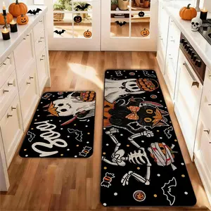 Set of 2 Halloween Kitchen Mats , Bat Pumpkin Broom Ghost Design, Non-Slip Low Height, Party Floor Mat Home Kitchen Decoration