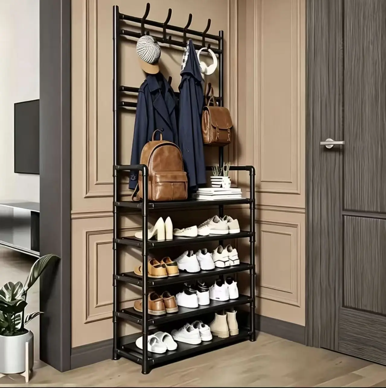 5-Tier Rectangle Shoe & Hat Storage Rack, Sturdy Space-Saving Home Organizer with Hanging Clothes Function, 20 - 25 Kg Capacity Entryway Door-Side Unit for Shoe Organization, Clothing & Hat Storage