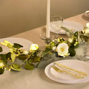 LED Greenery Garland with Artificial Eucalyptus & Peony Florals - Battery Operated Green Garland for Table & Fireplace Décor - 5.5ft