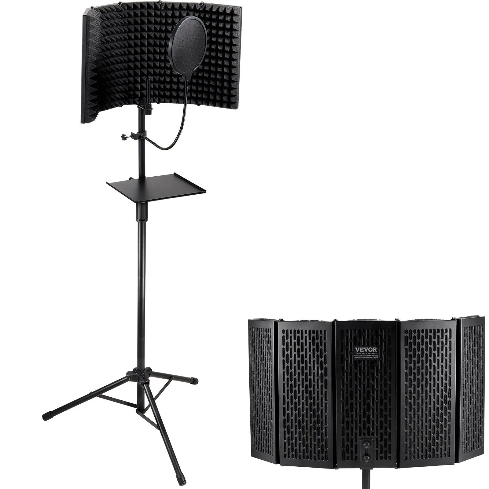 VEVOR Microphone Isolation Shield, 5-Panel, Studio Recording Foldable Mic Sound Shield, with Pop Filter Floor Tripod Stand 3/8'' to 5/8'' Microphone Adapter, for Blue Yeti and Condenser Microphones