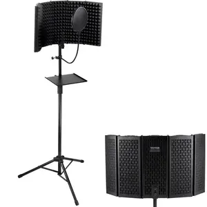 VEVOR Microphone Isolation Shield, 5-Panel, Studio Recording Foldable Mic Sound Shield, with Pop Filter Floor Tripod Stand 3/8'' to 5/8'' Microphone Adapter, for Blue Yeti and Condenser Microphones