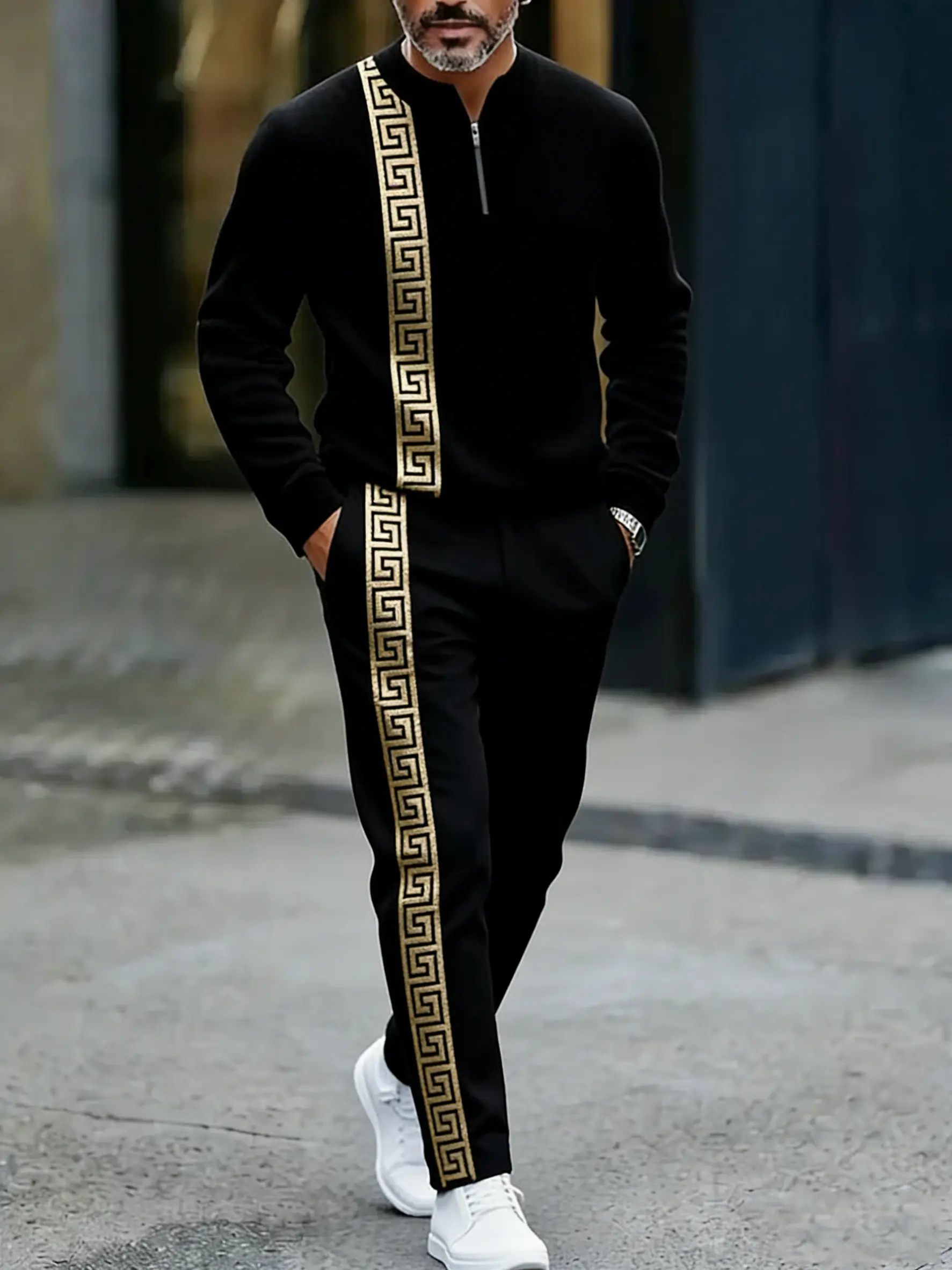 Men's Fashion Casual Zipper Stand Collar Long Sleeve Hoodie & Pants Set in Light Blue with White Stripes and Navy Blue Bottoms Men's Fashion Casual Zipper Stand Collar Long Sleeve Hoodie & Pants Set in Light Blue with White Stripes and Navy Blue Bottoms