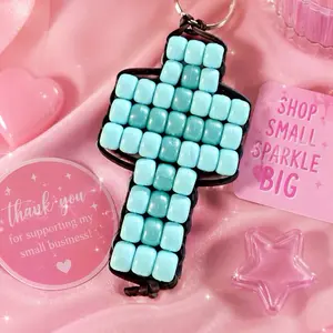 Kandi Cross Keychain, Handmade Acrylic Charm for Keys, Backpack Accessory