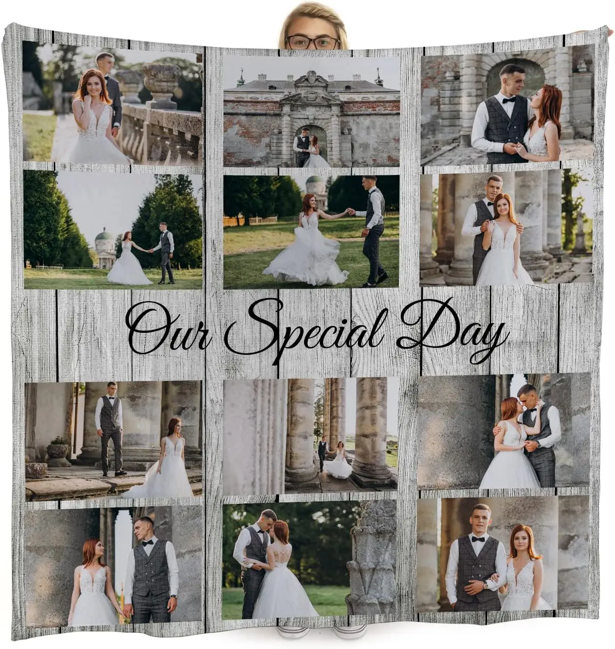 Custom Photo Blanket | Extra Large 150cm x 150cm Fleece Throw | Collage Wood Design | Custom Photo Gift | Dementia Gift | Made in England