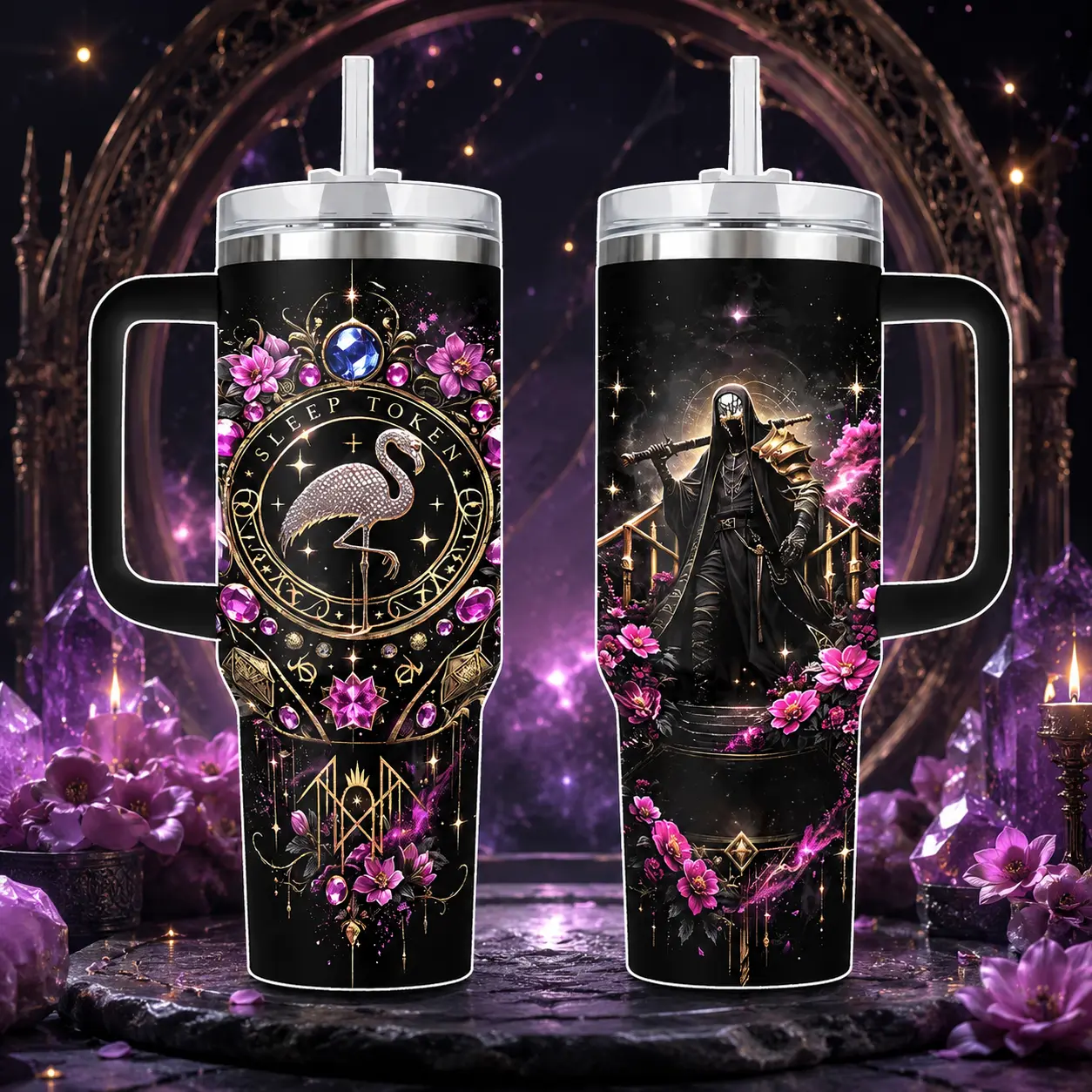 Sleep Token "Even In Arcadia" Insulated Coffee Tumbler - 20oz/40oz Stainless Steel Vacuum Flask, Heat Resistant, Explosion-Proof, Full-Wrap Gold Gothic Mask Floral Design, Handle & Straw Lid, for Travel Use by Adults
