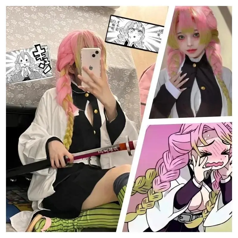 Anime Kanroji Mitsuri Cosplay Costume Kimono Haori Dress Wig Clothes Halloween Costume for Adult Children