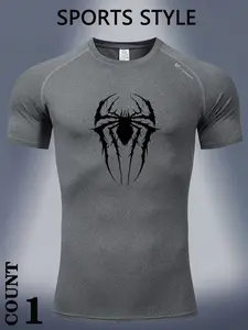 Men's Sportswear Top, Short Sleeve Compression Tee, Spider Logo Print, Elastic Breathable Quick-Dry, Ideal for Gym Outdoor Running Training