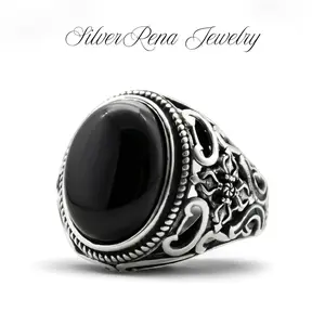 S925 Black Onyx Men’s Thumb Ring, Dark Style Agate and Stylish Punk Vintage Hypoallergenic Anti-Oxidation Jewelry for Men, Unique Bold Design, Trendy and Edgy Jewelry, Perfect for Daily Wear, Father's Day Gift Ideas