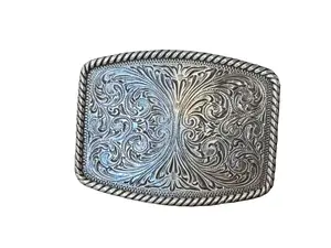 Western Belt Buckles - Nocona Silver Rectangle Buckle, Floral Engraved, Rope-Edged Belt Fashion Accessory