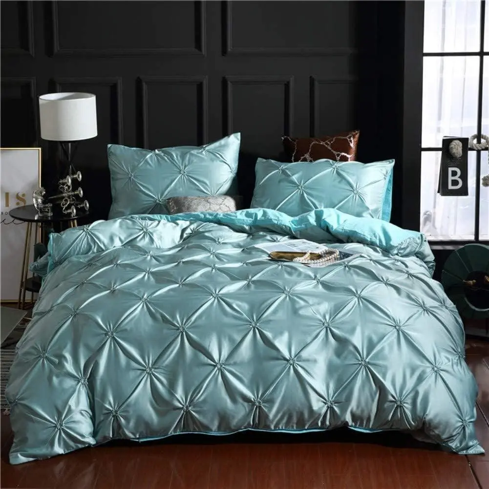 Pintuck Duvet Cover Set Blue Silk Like Satin Bedding Pinch Pleated Ruffle Design Silky Microfiber Bedding Sets Women Bedroom Decor Luxury & Microfiber Comforter Cover with Zipper