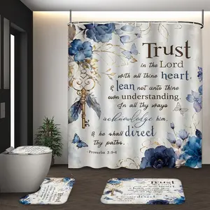 LVRLVR 4Pcs Proverbs 3:5-6 Bible Verse Blue Flower Key Print Christian Elegant Multi-Color Shower Curtain Set 70.8×70.8 Inch
