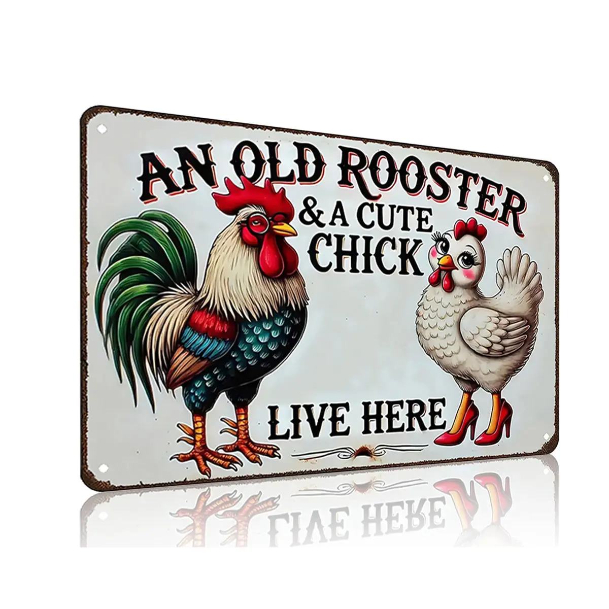 Funny Gifts for Women Chicken Lovers Farm Enthusiasts An Old Rooster & A Cute Chick Live Here Chicken Tin Sign 8x12 Inch Farmhouse Charm Durability Easy Install Decor