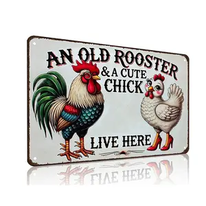 Funny Gifts for Women Chicken Lovers Farm Enthusiasts An Old Rooster & A Cute Chick Live Here Chicken Tin Sign 8x12 Inch Farmhouse Charm Durability Easy Install Decor