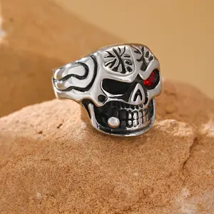 Men's Retro Punk Dark Aesthetic Grunge Ring - Red Geometric-Cut Synthetic Zircon, Pipe-Shape Skull Motif, Stainless Steel with CZ Accents, Ideal for Daily Gatherings & Parties, Perfect Gift Jewelry, Dark Aesthetic Rings, Grunge Rings,summerwins