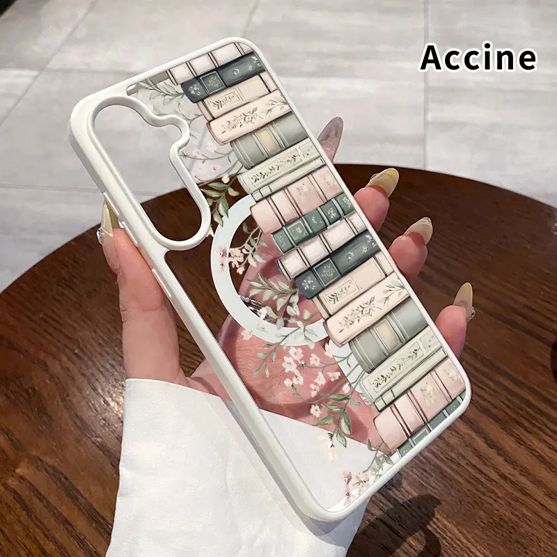 Magnetic Phone Case Supports Wireless Charging Compatible With Samsung Galaxy S26 Edge S23 Ultra S24 Plus FE S25 S22+ Books with Blooms Pattern Non-Yellowing Shockproof Soft Silicone Transparent Acrylic Cover Smartphone Protection Casing