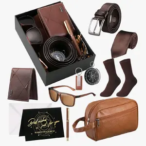 12 Pcs Men Gift Set with Box for Men Dad Basket PU Leather Wallet Leather Toiletry Bag Tie Socks Belt Keychain Sunglasses Pen Compass Set