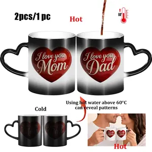 Heart Handle Color Changing Mugs, I Love You Mom Dad Heat Reveal Coffee Cups, Mother's Day Father's Day Gifts, Couple Ceramic Mug Set, Ceramic Material, Drinkware, Stylish Coffee Mugs