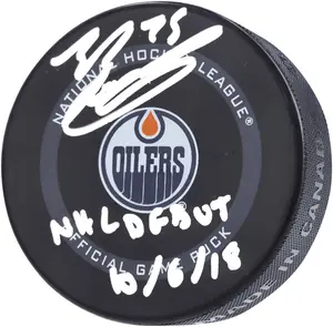 Evan Bouchard Edmonton Oilers Autographed 2019 Model Official Game Puck with "NHL Debut 10/6/18" Inscription - Fanatics Authentic Certified