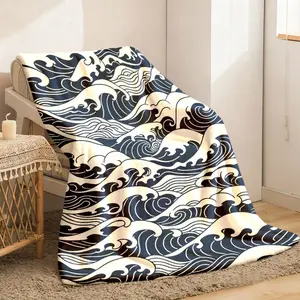 2026 New Arrivals Flannel Blanket with Japanese Ukiyoe Style Ocean Waves Print, Soft And Cozy Throw for Bed, Sofa, Office, Or Camping