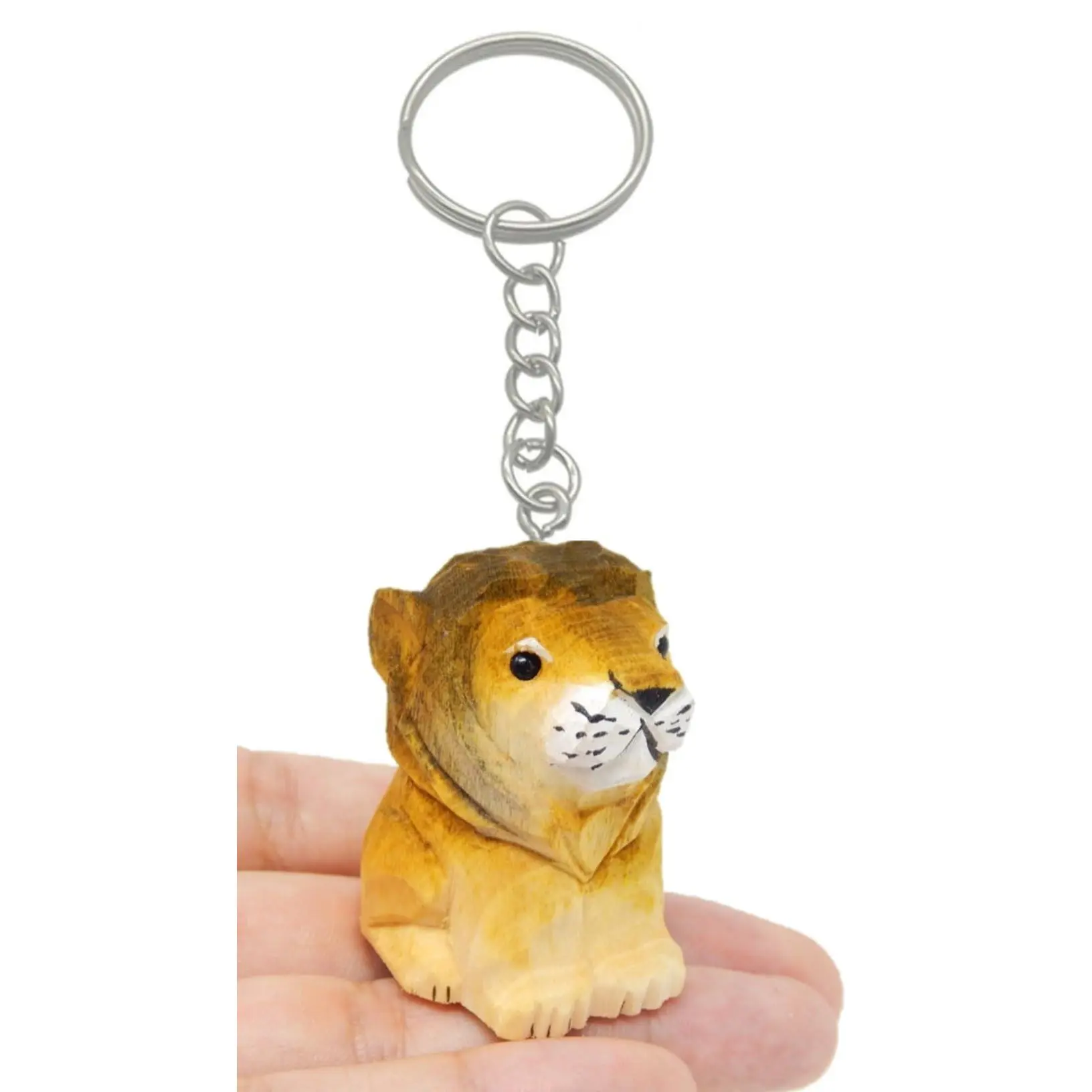 Lion Keychain Ring Hook Clip Charm Miniature Wood Mini Figurine Small Animal Male Mane King Feline