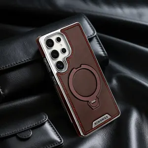 High end leather case, 360 ° rotating magnetic bracket phone case cover, for Samsung Galaxy S25 Ultra S25Edge wireless charging anti drop protection case