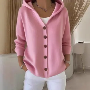 2025 button knit hooded cardigan jacket for autumn and winter, solid color, casual and fashionable women's clothing