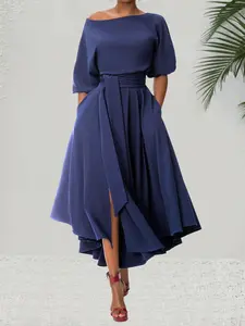 Women's Plain Belted Split Boat Neck Dress, Elegant Bishop Sleeve A Line Dress for Summer, Summer Outfits 2024, Fashion Women's Dress for Casual Daily Wear, Womenswear