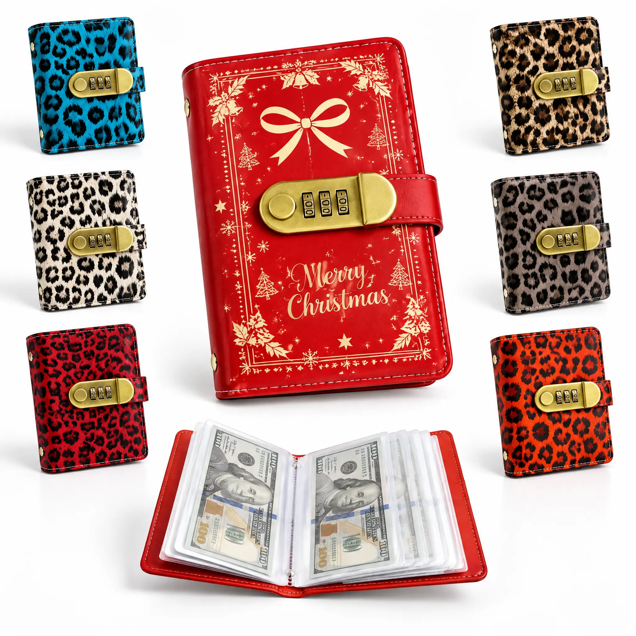 2027 Christmas Gift A6 Saving Challenge Binder with Combination Lock, 50 Inner Pages Dual-Sided Pockets Holds 100 Cash Notes, Leather Budget Planner Savings Challenge Book,Can be filled with cash gifts