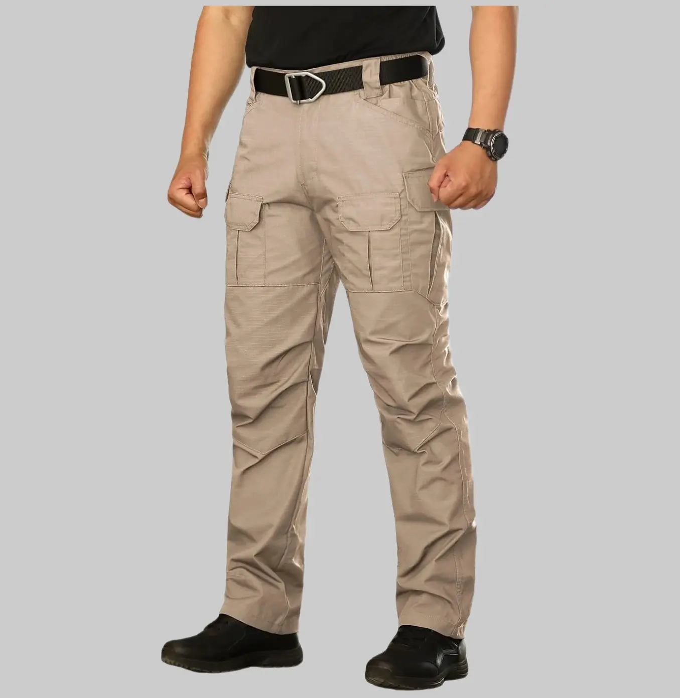 Men's 2-Pcs Tactical Cargo Pants - Polyester Fabric Menswear, Quick-Dry Stretch Straight Leg, Multi-Pocket Utility Work Trousers for Outdoor Hiking (Black-Army Green-Khaki, All Seasons), Basic Look