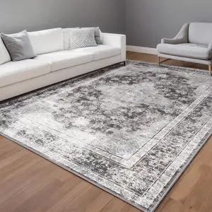 Dark Grey Large Washable Area Rug, Boho Vintage Faux Wool Non-Slip Low Pile Rug For Living Room, Bedroom, Kids Room, Or Home Office, Soft Non-Shedding Indoor Carpet, 4x6, 5x7, 6x9, 8x10, 9x12 Feet