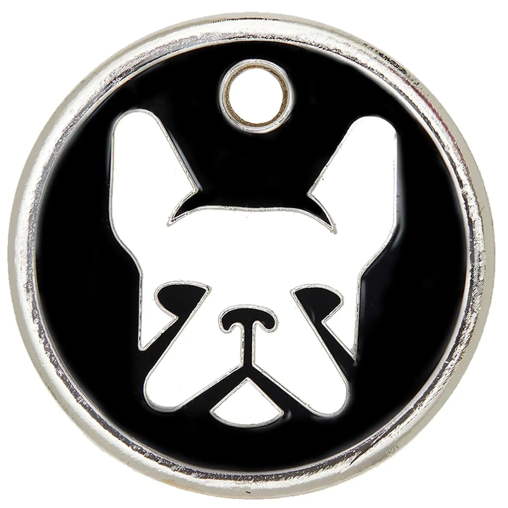 Frenchie Tag - Cool Pet ID Tag with Free Engraving, 30mm x 30mm, Zinc Alloy Finish, Steel Ring Included, Stylish and Durable for Pet Owners.