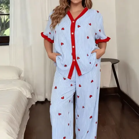 Spring Summer Plus Size Heart Striped Pjs, Sweet Color Contrast Feminine Ruffle Button Front Sleepwear, Elegant Style Loose Fit Homeewear, Loungewear, Homewear, Sets Pajama
