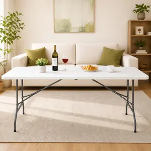 6FT Folding Table – Heavy Duty Portable Plastic Picnic, Party, Dining & Camping Table with Steel Legs, Fold-in-Half Design & Carry Handle, Ideal for Indoor, Outdoor, Wedding, Event, BBQ, Tailgate