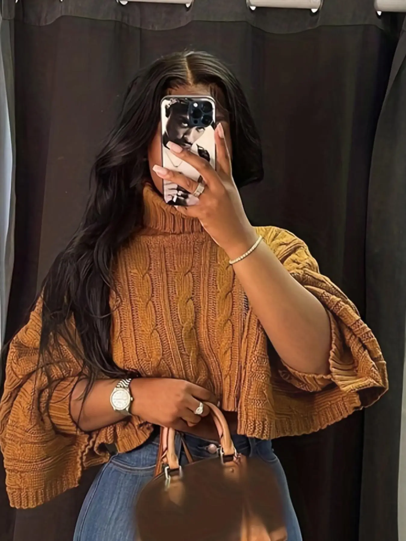 Women's Textured Split Sleeve Turtle Neck Cropped Sweater, Casual Solid Color High Neck Long Sleeve Jumper, Women's Knit Clothing for Daily Wear