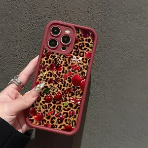 High Bamboo Wine Red Leopard and Cherry Pattern Sweet and Spicy Shockproof TPU Case for iPhone 17 Pro Max 16 16e 15 14 Plus 13 12 Mini 11 Air X XS Straight Edge Drop-Resistant Rugged Durable Cover Shell Gift 2D printing