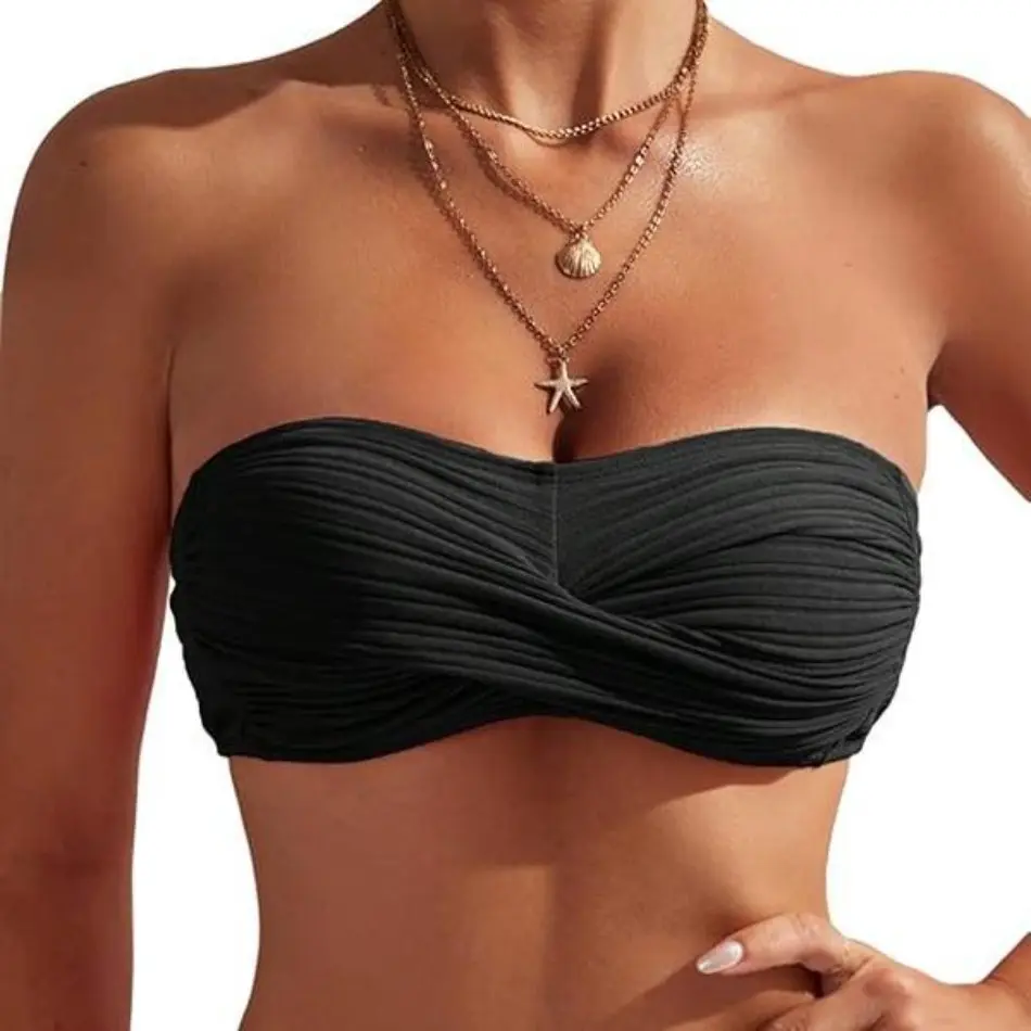 Women's Strapless Bandeau Beach Bikini Top - Solid, Ruched Twist Front with Ring Detail, Wireless Swimwear with Removable Push-Up Padding