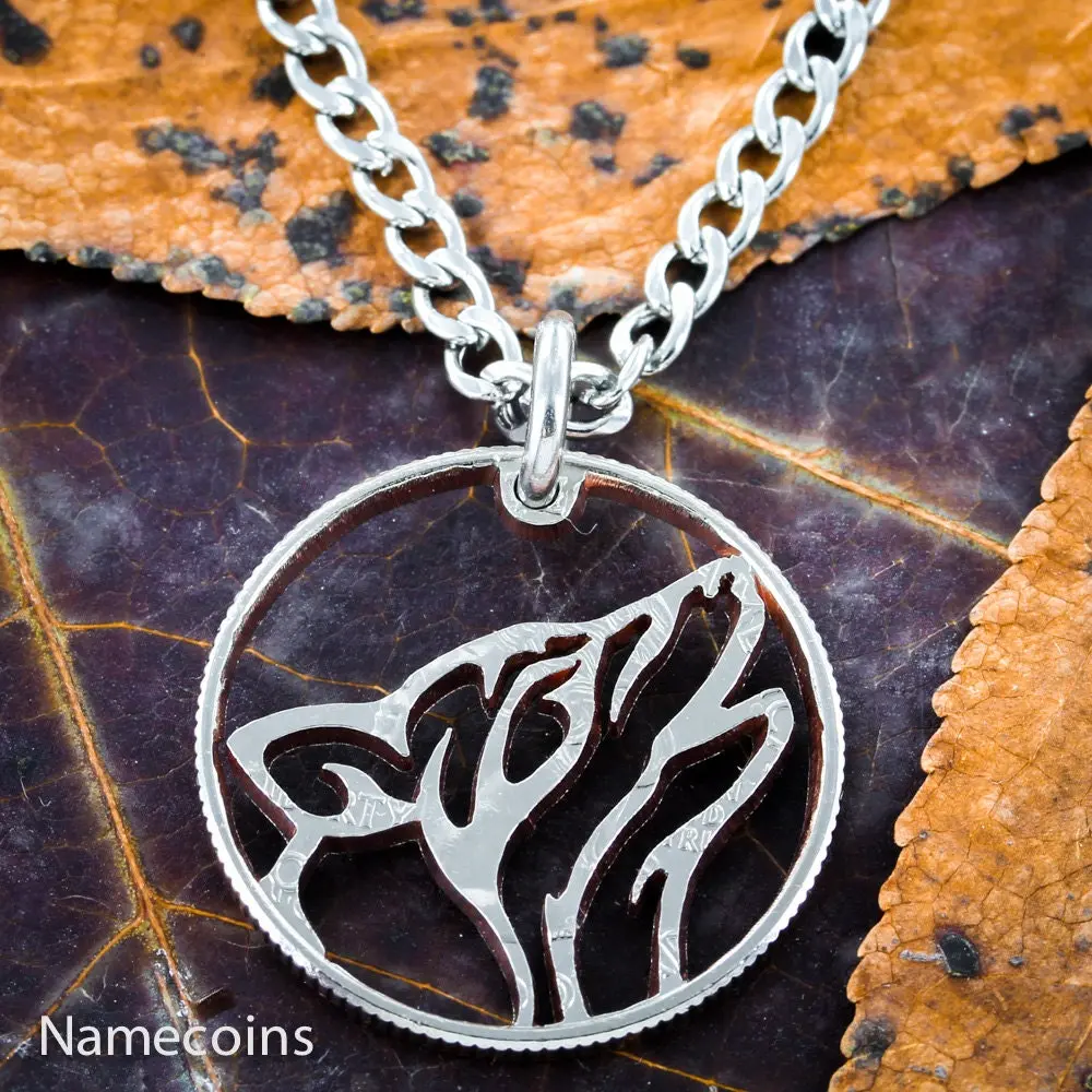 Howling Tribal Wolf Necklace, Hand Cut Quarter
