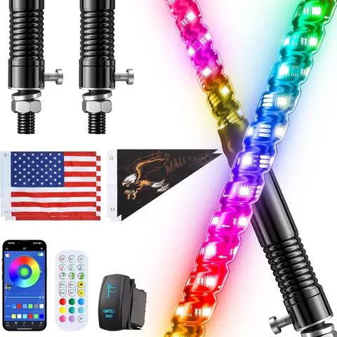 Ehaho 2PCS 2FT LED Whip Lights for ATV, UTV, Go Kart, Boat, 4 Wheeler, Polaris RZR, SXS, Can-Am, Spiral Chasing, Spring Base, 366 Patterns, APP & Remote Control, Rocker Switch, 6 Flags