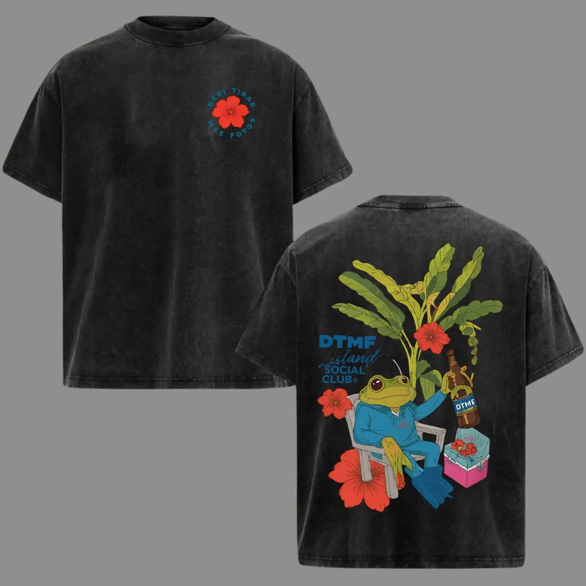 DTMF Island Social Club T-Shirt Vintage Washed Tropical Frog Graphic Tee Oversized Unisex Black Acid Wash Cotton Shirt Hawaiian Floral Beach Vacation Summer Streetwear Retro Aesthetic Island Vibes Gift for Men Women