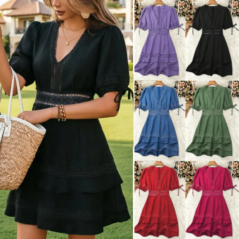 Women's Dress for Sports & Outdoor Use - Short-Sleeve, V-Neck, Lace Trim, Cinched Waist, Puff Sleeves with Tie Detail, Cut-Out Design