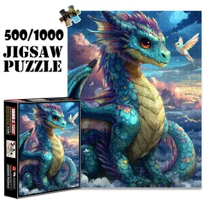 1pc 1000 piece adult puzzle 70x50cm Fantasy Blue Dragon with Bird in Cloudy Sky 500 pieces of paper jigsaw puzzle, suitable for adults and families, large-scale DIY puzzle interactive toy games,