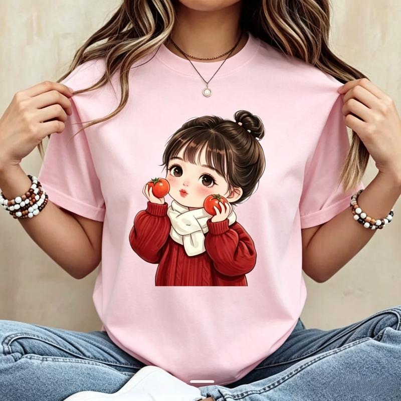 Women's 100% Soft Cotton Casual Everyday Cropped Graphic T-Shirt - Cute Crew Neck Short Sleeve Fitted Tomato Girl Style Top, Heat Transfer Print, Color-Sorted Wash Fabric, Valentines Day Christmas Wardrobe Staple