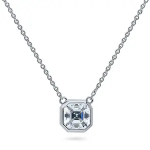 BERRICLE Sterling Silver Solitaire Pendant Necklace for Women, 1.2 Carat Bezel Set Asscher Cut Cubic Zirconia CZ 16 inch