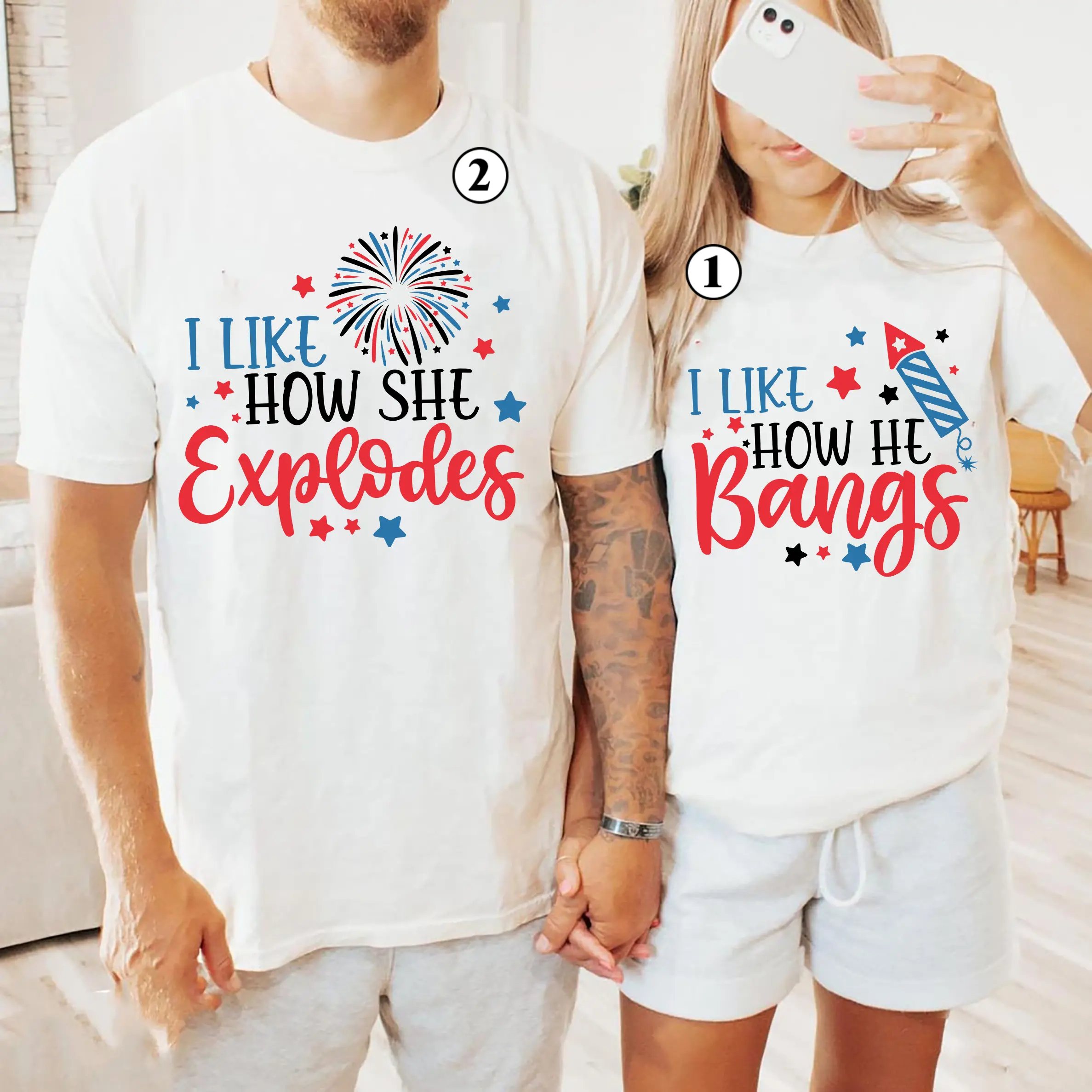 I Like How She Explodes Shirt, I Like How He Bangs Shirt, Matching 4th of July Couple Shirts, Independence Day Husband and Wife Outfits