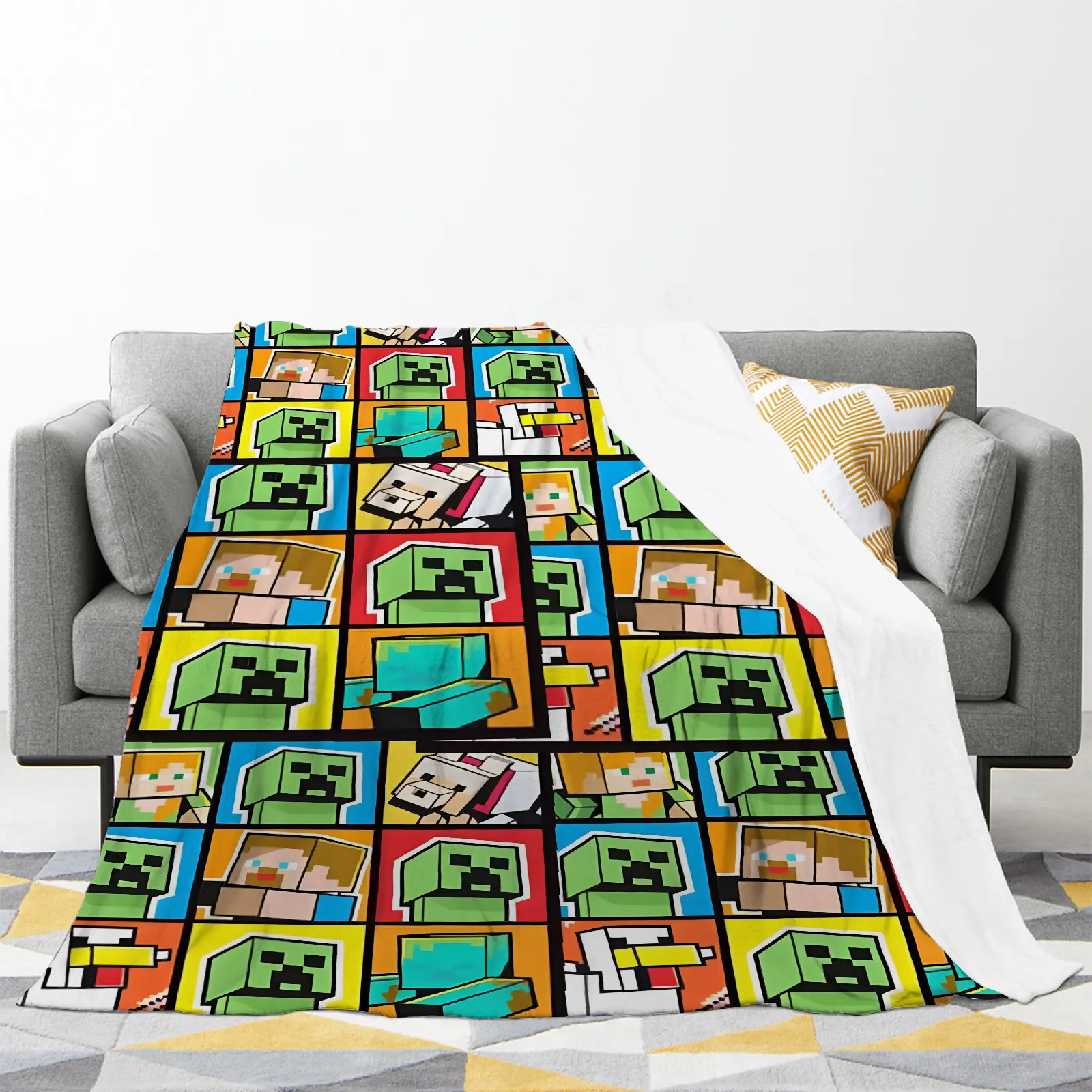 Modern Video M-Minecraft Game Art Print Blanket, Trendy Gaming Graffiti Pattern, Lightweight Thick Cozy Fuzzy Flannel Throw Blanket, Warm Decorative All Season Blanket for Gamer Room Bedroom Office Gaming Decor & Gifting